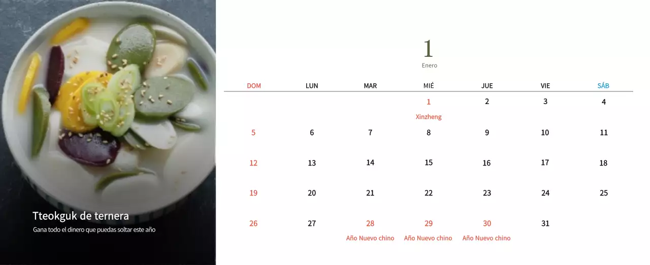 Calendario de comidas tradicionales en beige