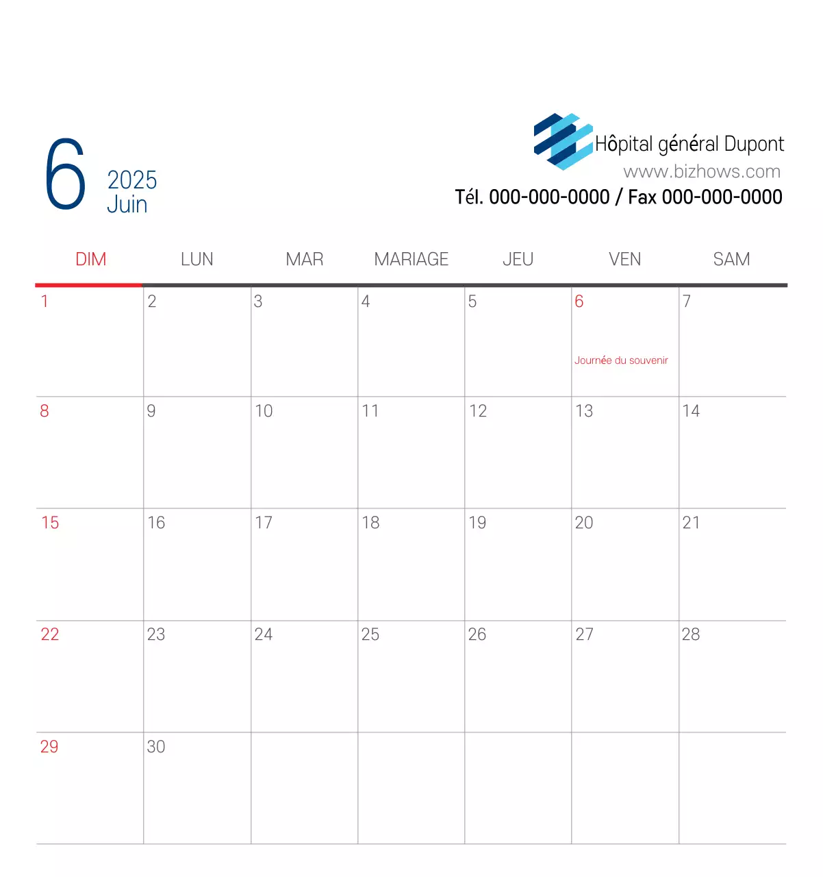 Calendrier promotionnel d'hôpital simple blanc marine