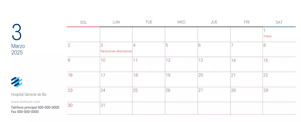 Calendario promocional Hospital Navy White Simple