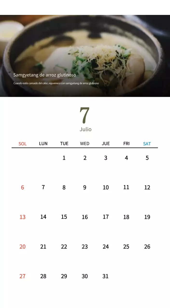 Calendario de comidas tradicionales en beige