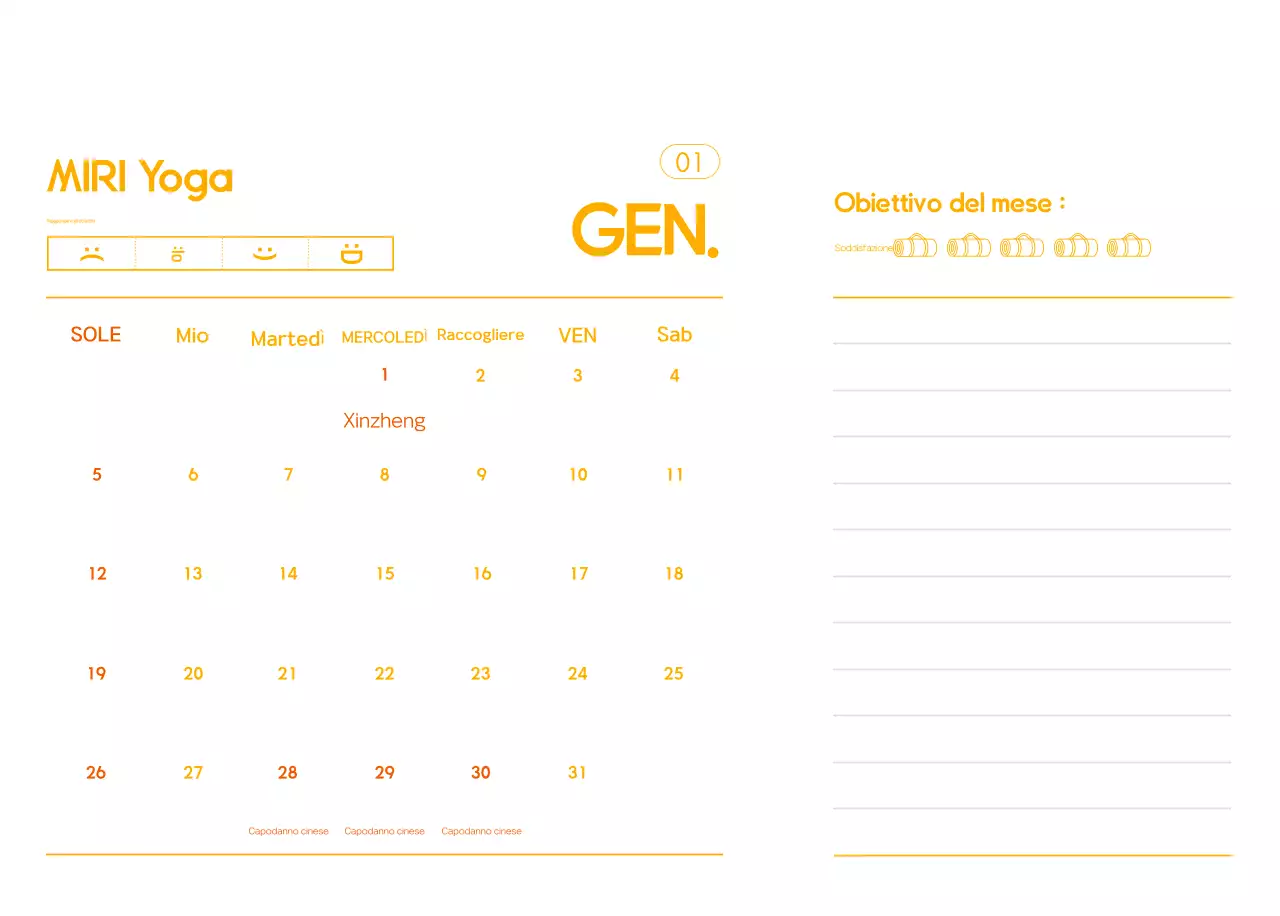 Calendario promozionale arancione dello yoga minimalista