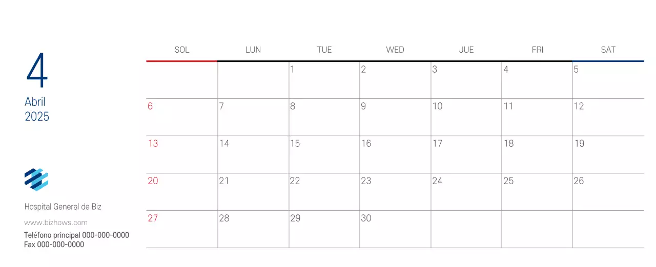 Calendario promocional Hospital Navy White Simple