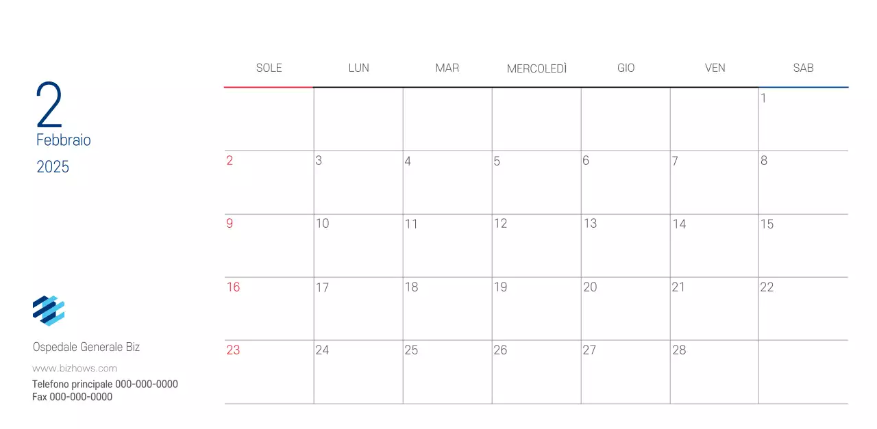 Calendario promozionale dell'ospedale semplice, bianco e blu