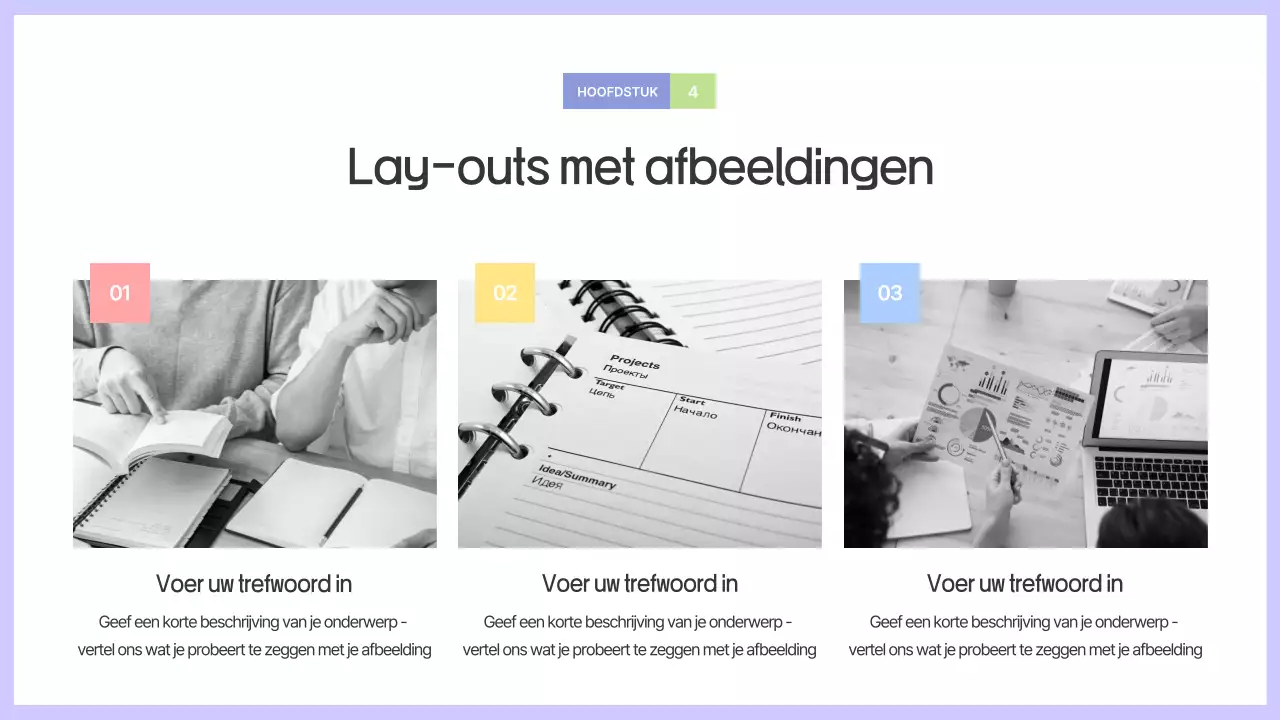 Prospectus met eenvoudige vormen in paars en grijs