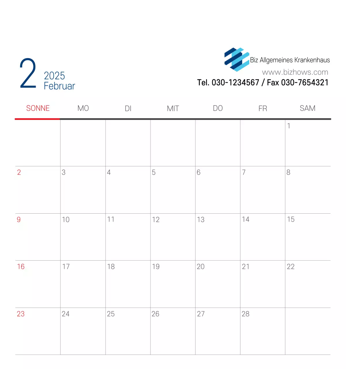 Marineblauer einfacher Krankenhaus-Werbekalender