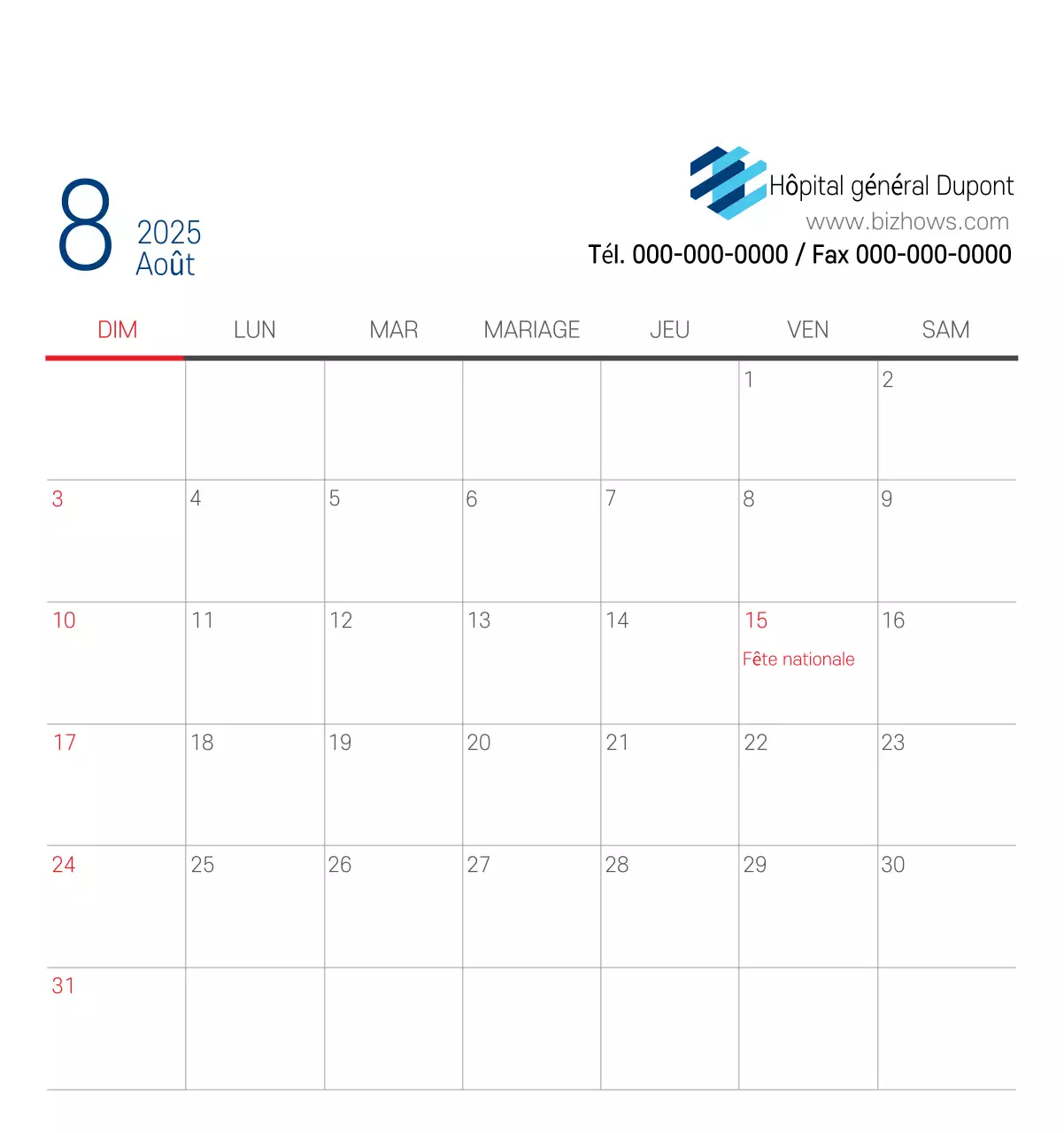 Calendrier promotionnel d'hôpital simple blanc marine