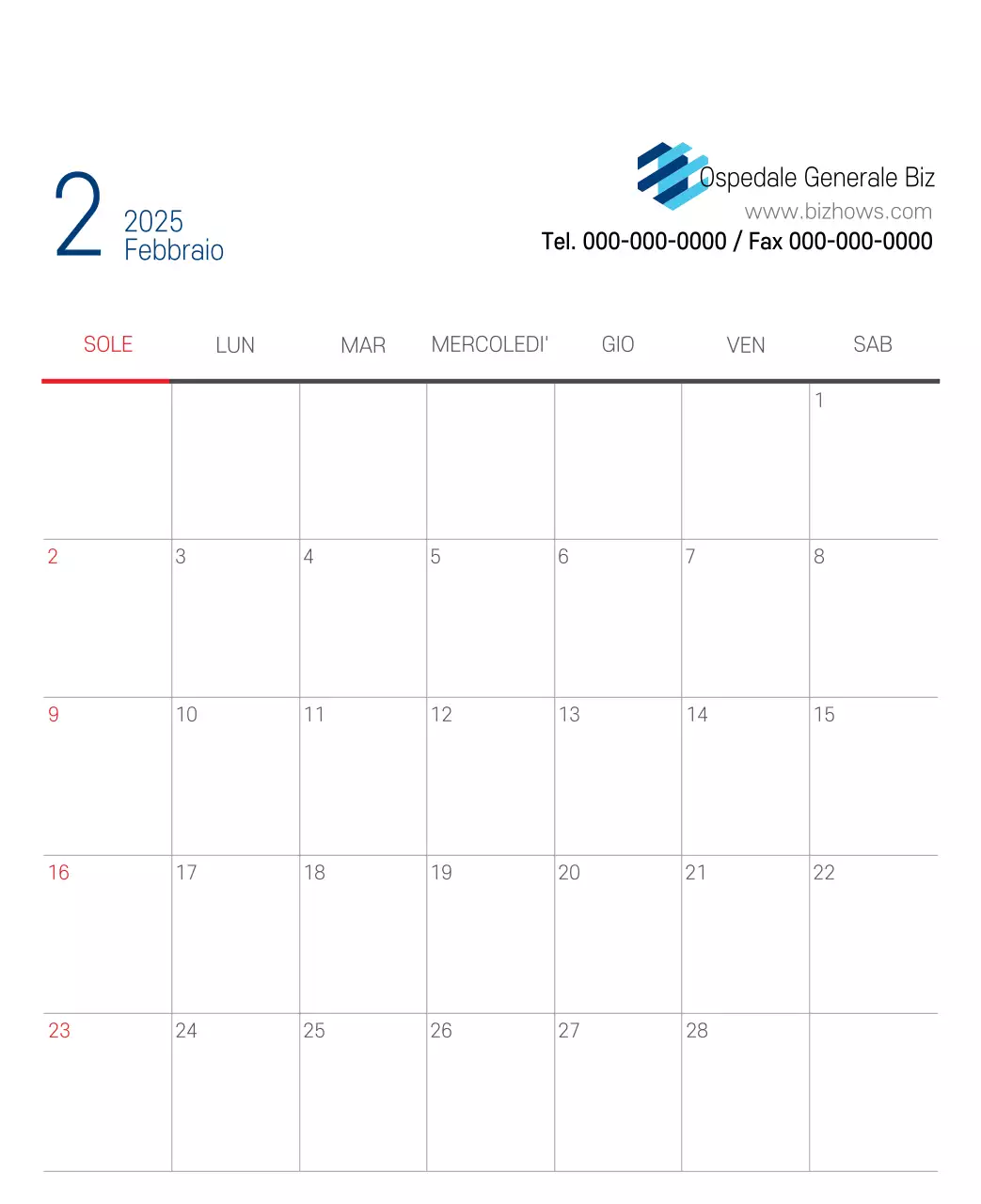 Calendario promozionale dell'ospedale semplice, bianco e blu