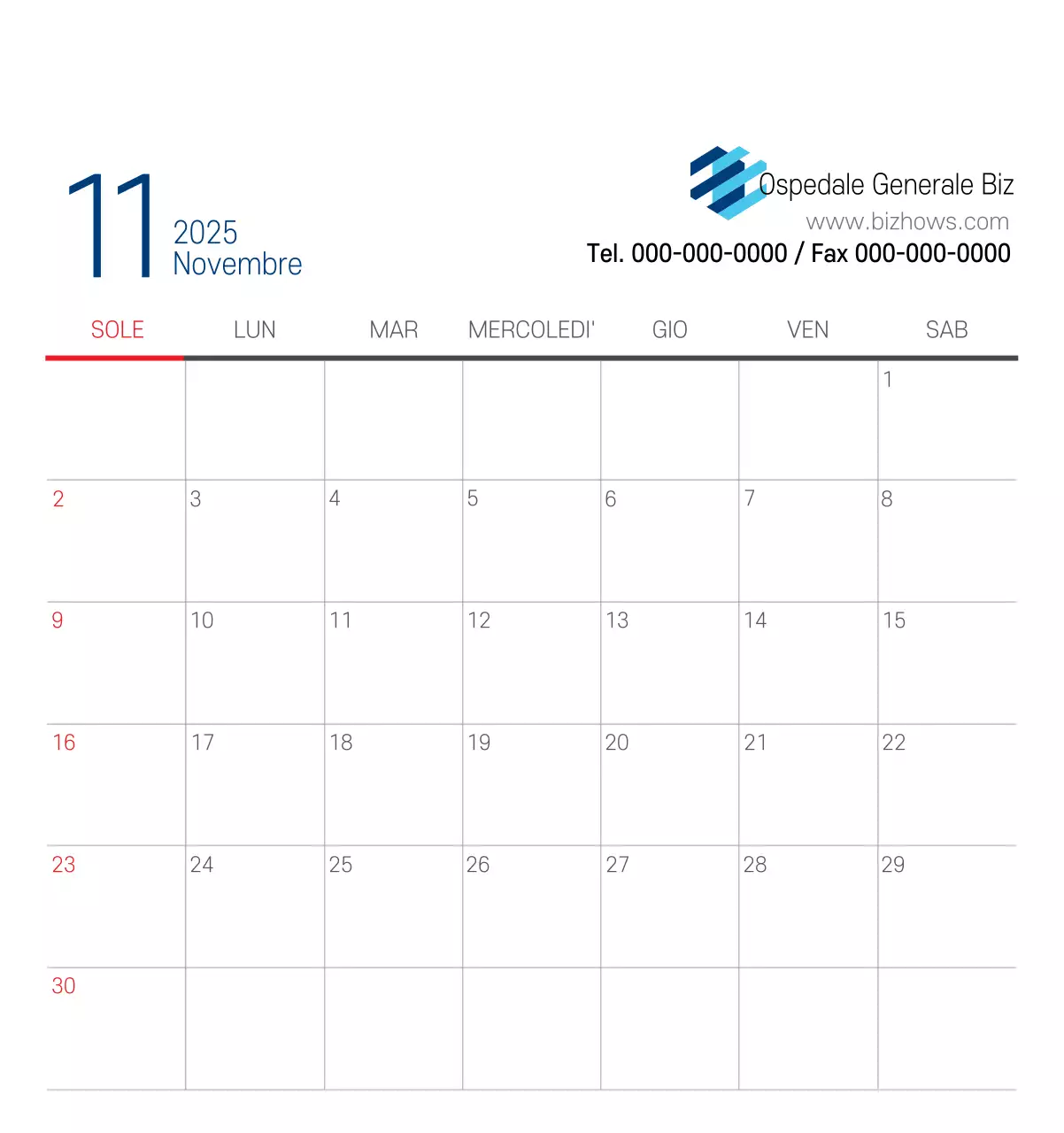 Calendario promozionale dell'ospedale semplice, bianco e blu