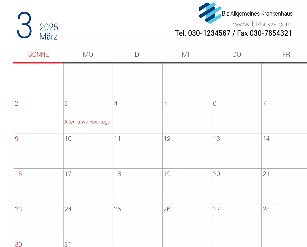 Marineblauer einfacher Krankenhaus-Werbekalender