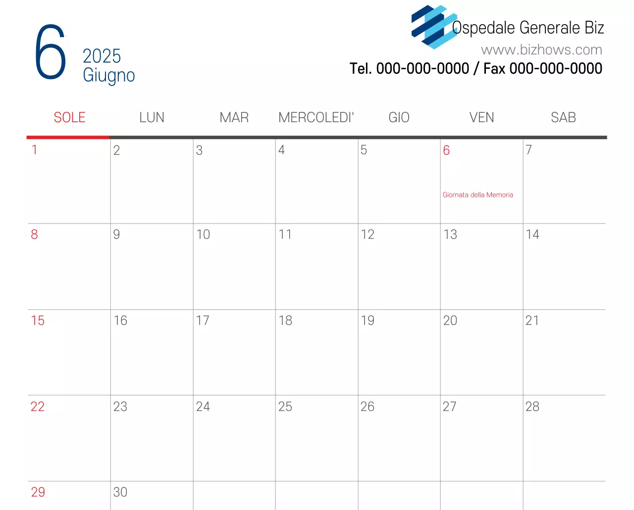 Calendario promozionale dell'ospedale semplice, bianco e blu
