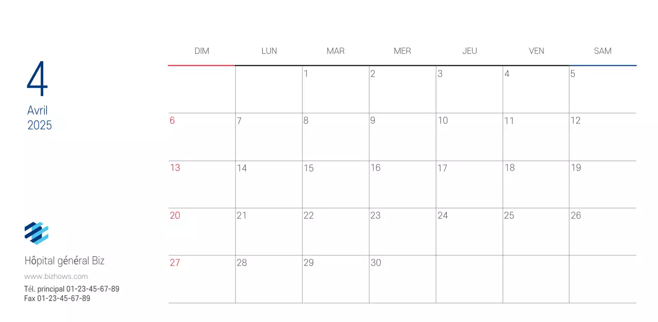 Calendrier promotionnel d'hôpital simple blanc marine