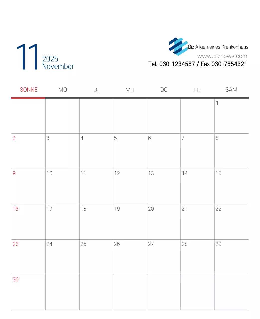 Marineblauer einfacher Krankenhaus-Werbekalender