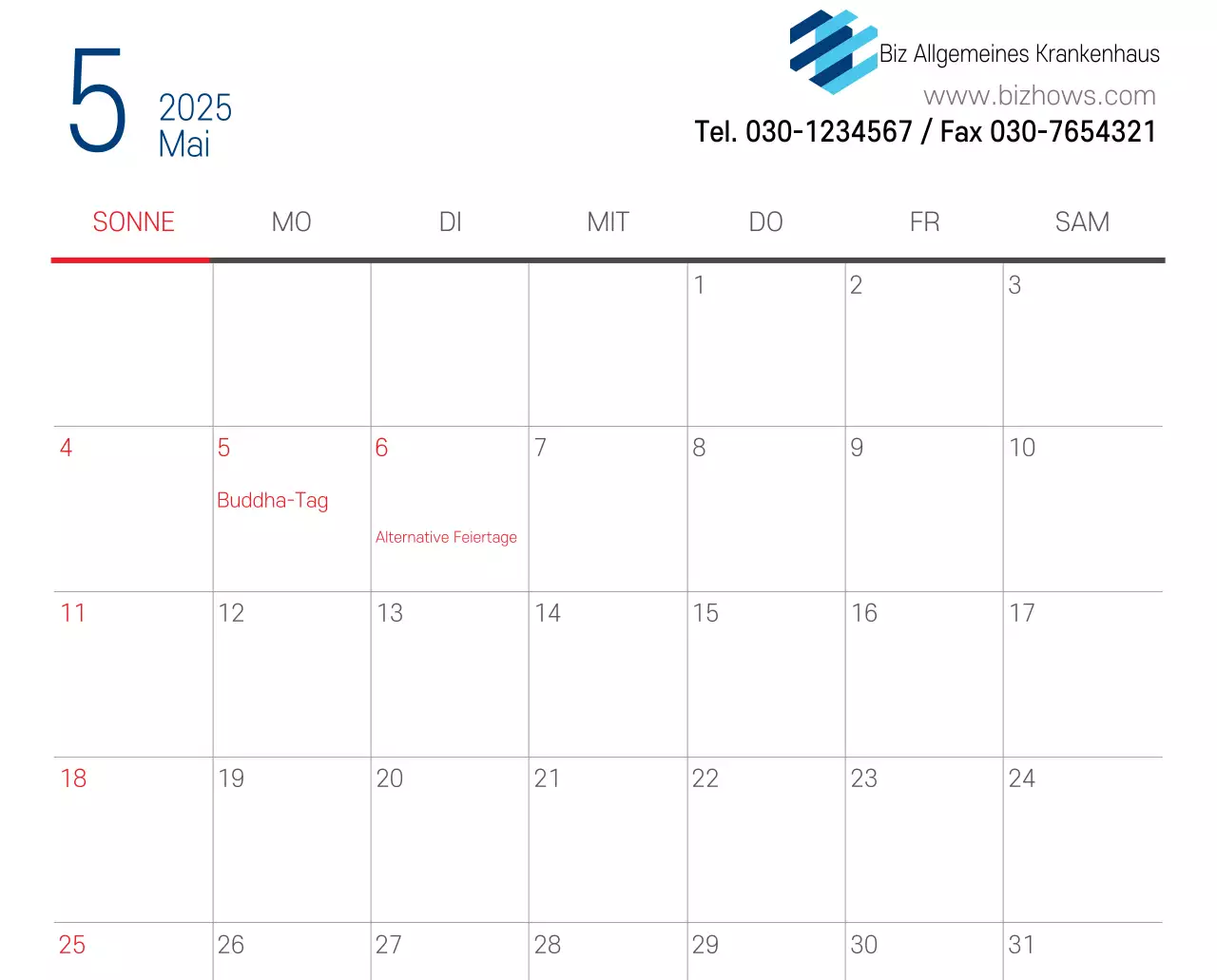 Marineblauer einfacher Krankenhaus-Werbekalender