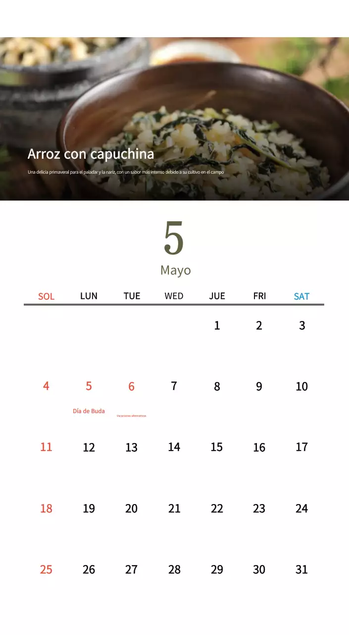 Calendario de comidas tradicionales en beige