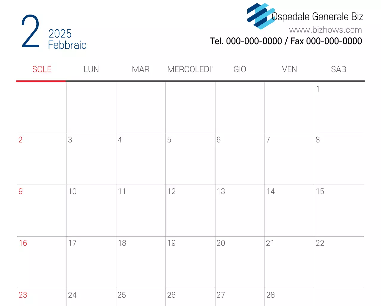 Calendario promozionale dell'ospedale semplice, bianco e blu