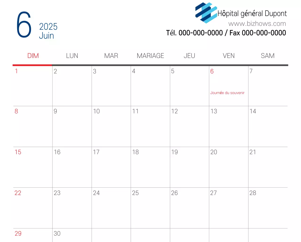 Calendrier promotionnel d'hôpital simple blanc marine