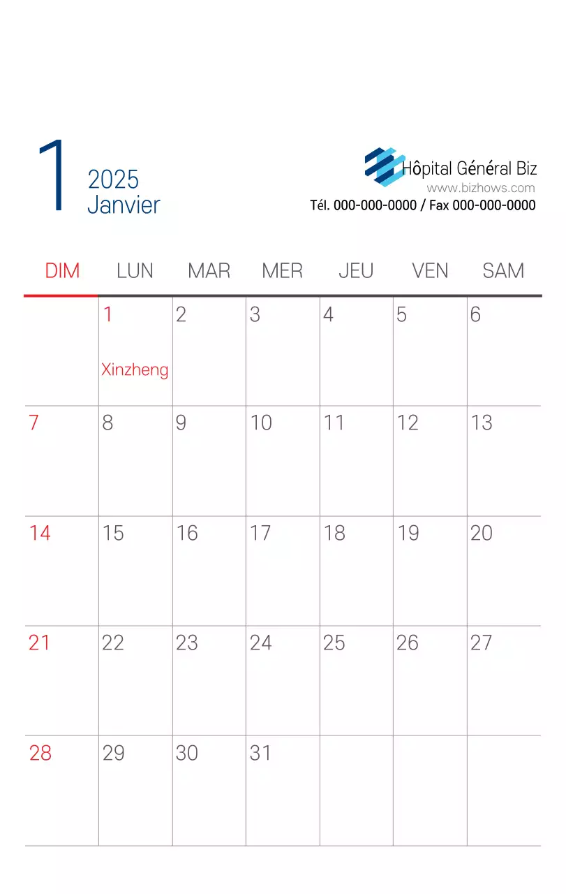 Calendrier promotionnel d'hôpital simple blanc marine
