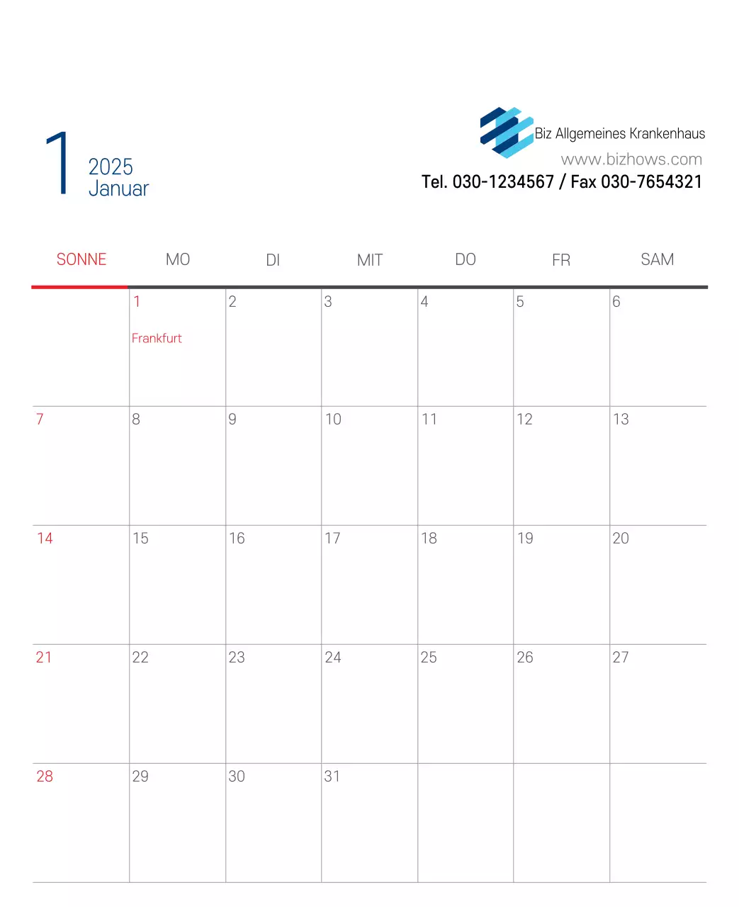 Marineblauer einfacher Krankenhaus-Werbekalender