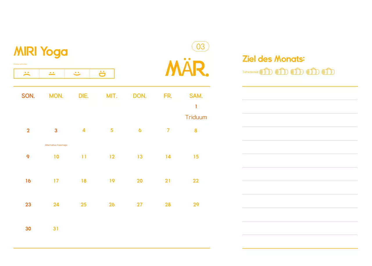 Orange Minimalistischer Yoga-Aktionskalender