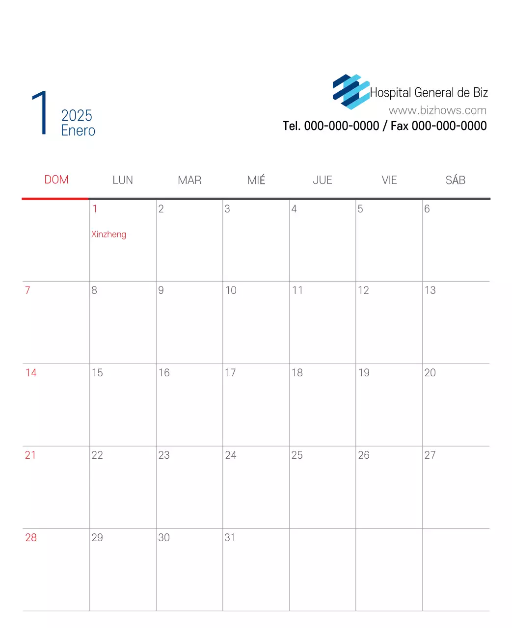 Calendario promocional Hospital Navy White Simple