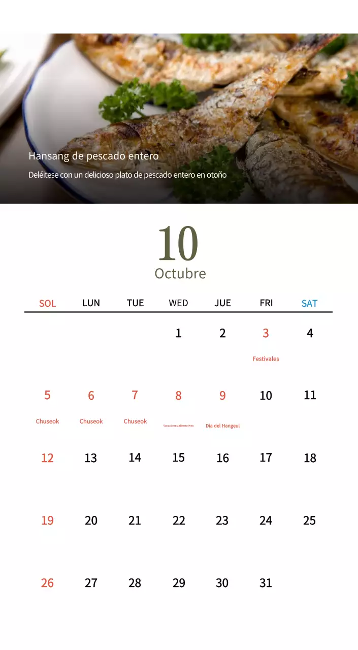 Calendario de comidas tradicionales en beige