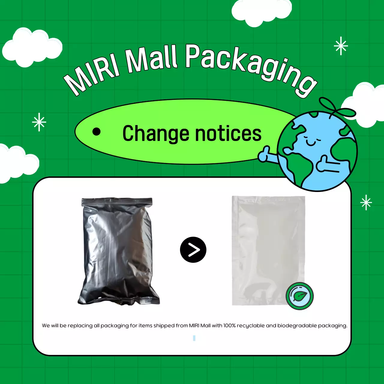 Thông báo thay đổi vật liệu đóng gói thân thiện với môi trường đơn giản màu xanh lá cây và trắng