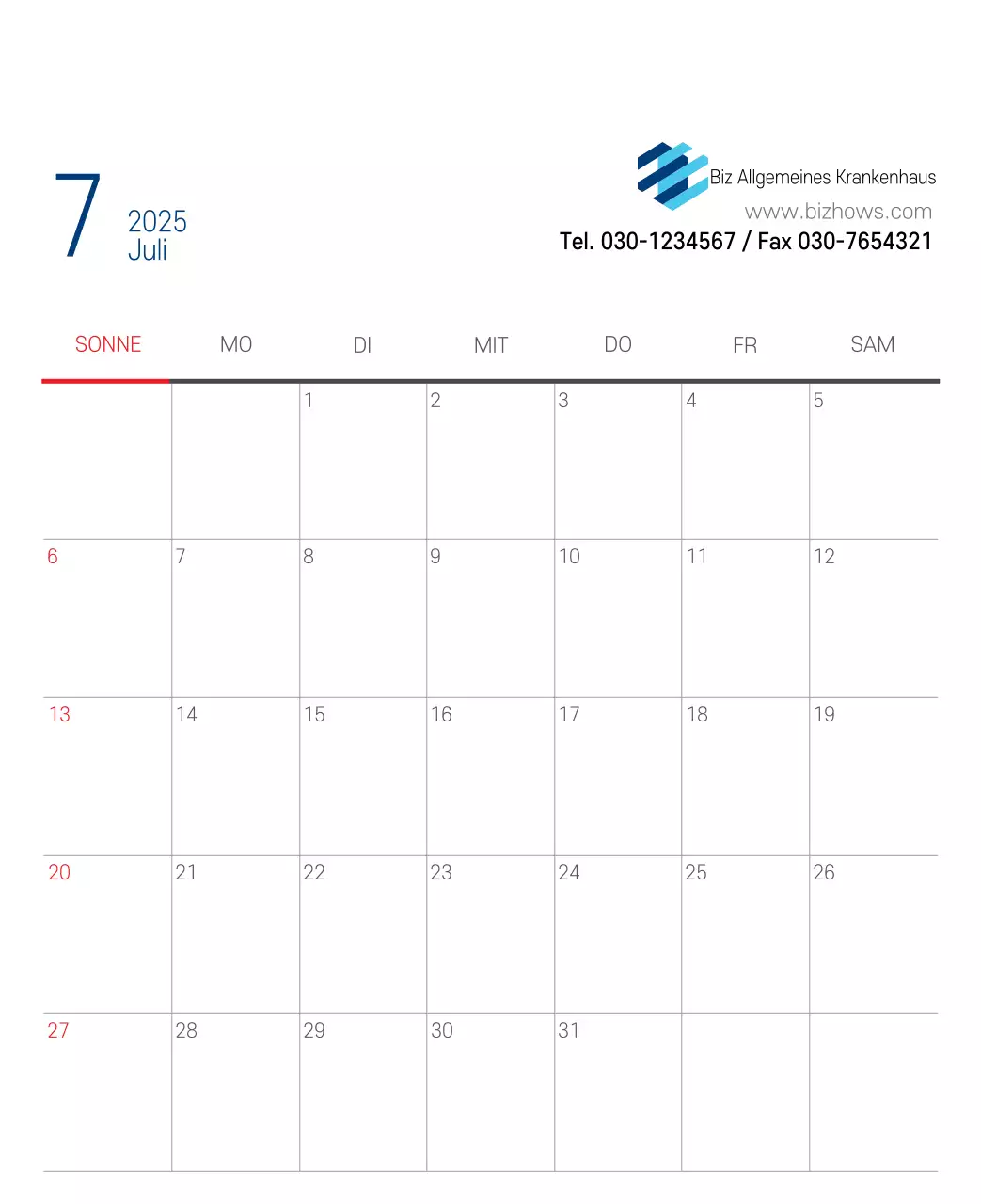 Marineblauer einfacher Krankenhaus-Werbekalender