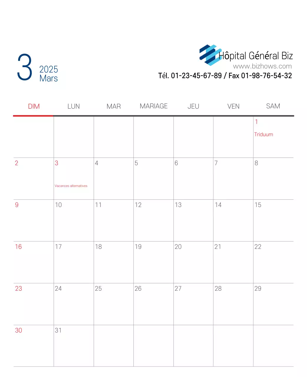 Calendrier promotionnel d'hôpital simple blanc marine