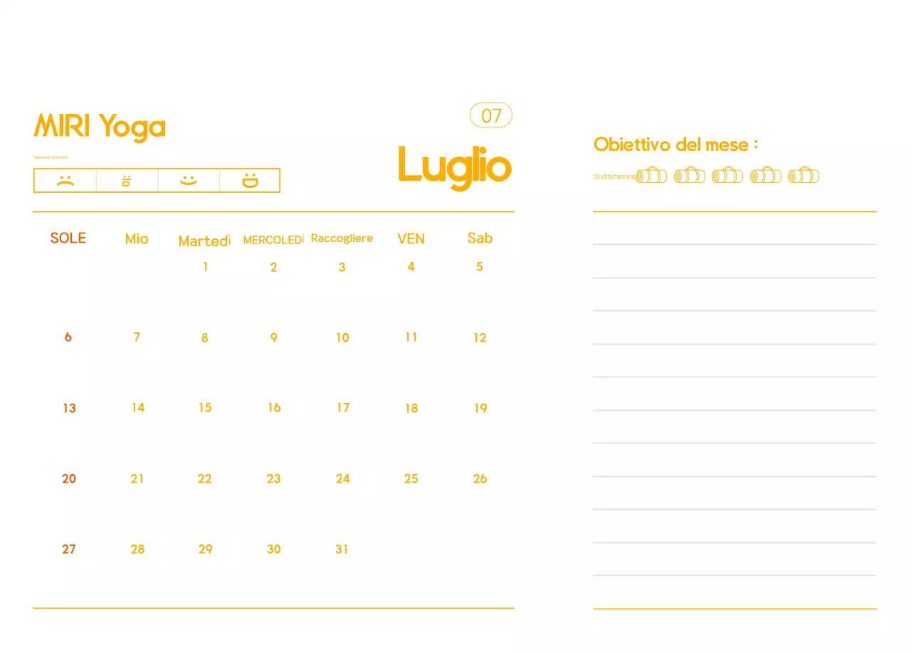 Calendario promozionale arancione dello yoga minimalista