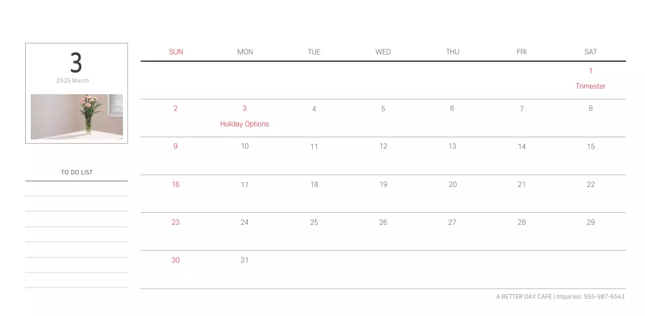 White clean botanical nature calendar