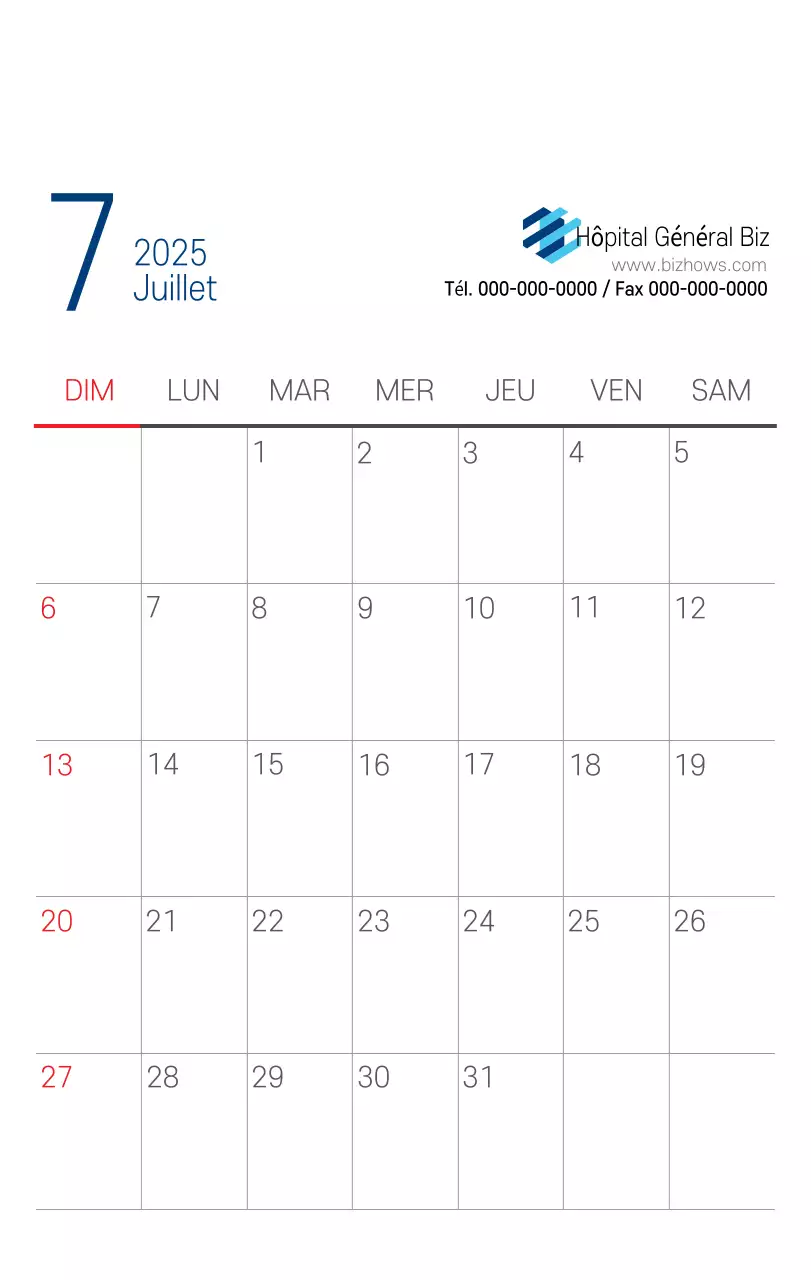 Calendrier promotionnel d'hôpital simple blanc marine