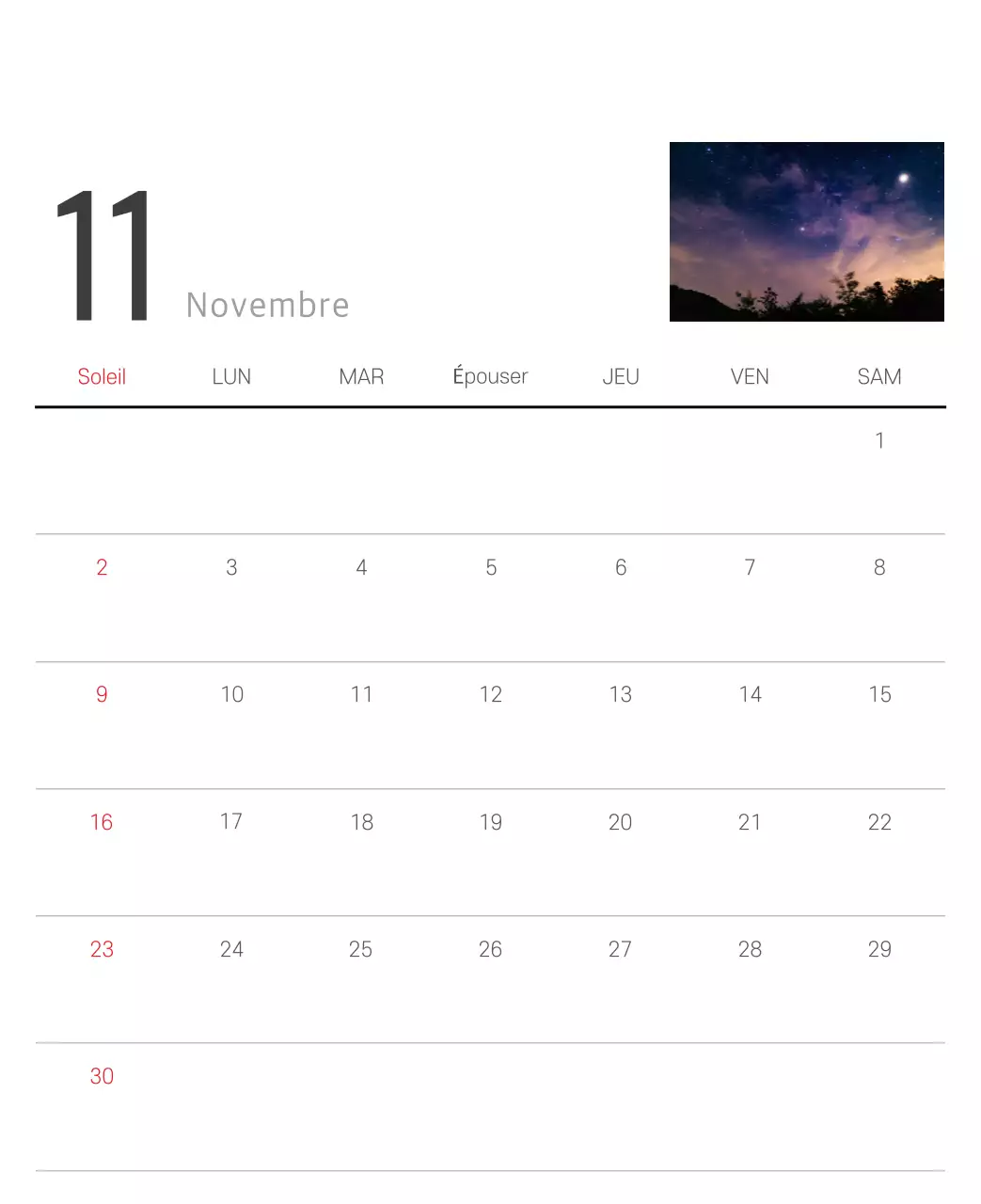Calendrier botanique blanc et propre
