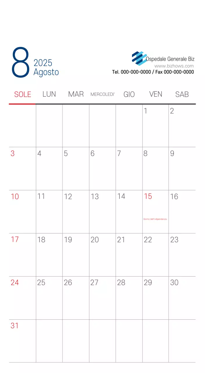 Calendario promozionale dell'ospedale semplice, bianco e blu