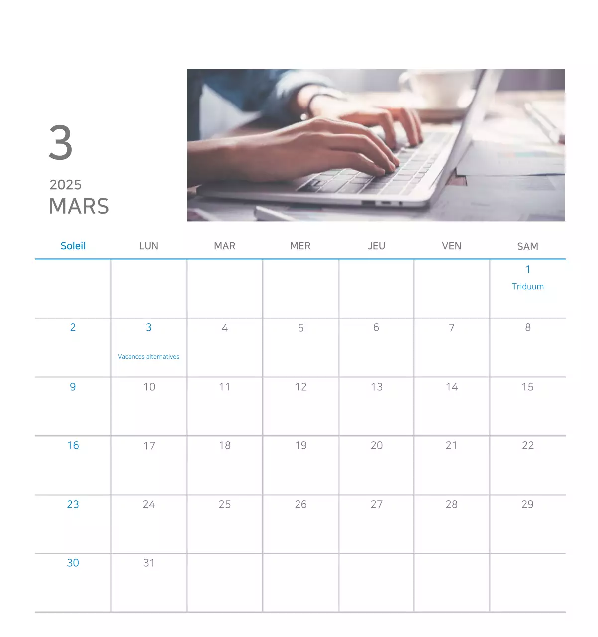 Publicité pour un calendrier d'entreprise minimaliste bleu