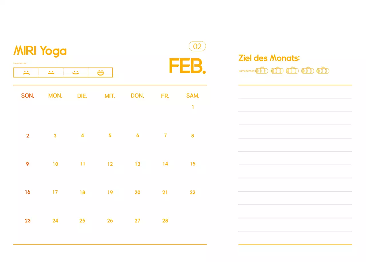 Orange Minimalistischer Yoga-Aktionskalender
