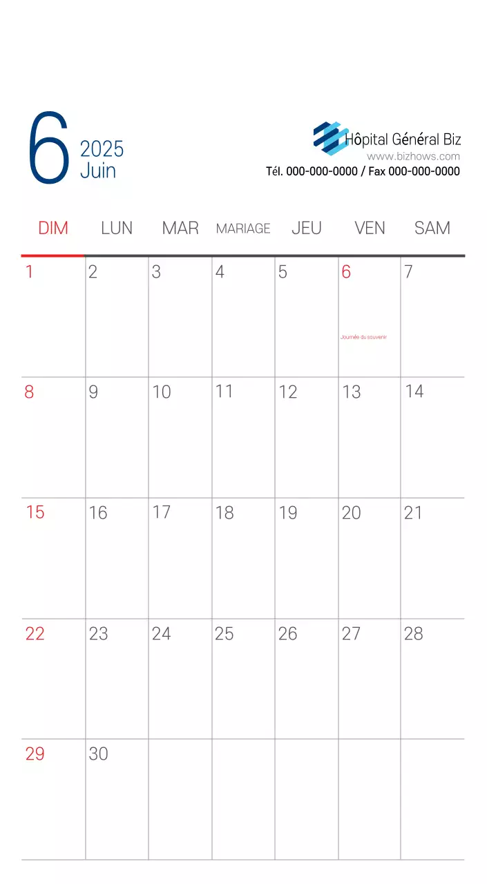 Calendrier promotionnel d'hôpital simple blanc marine