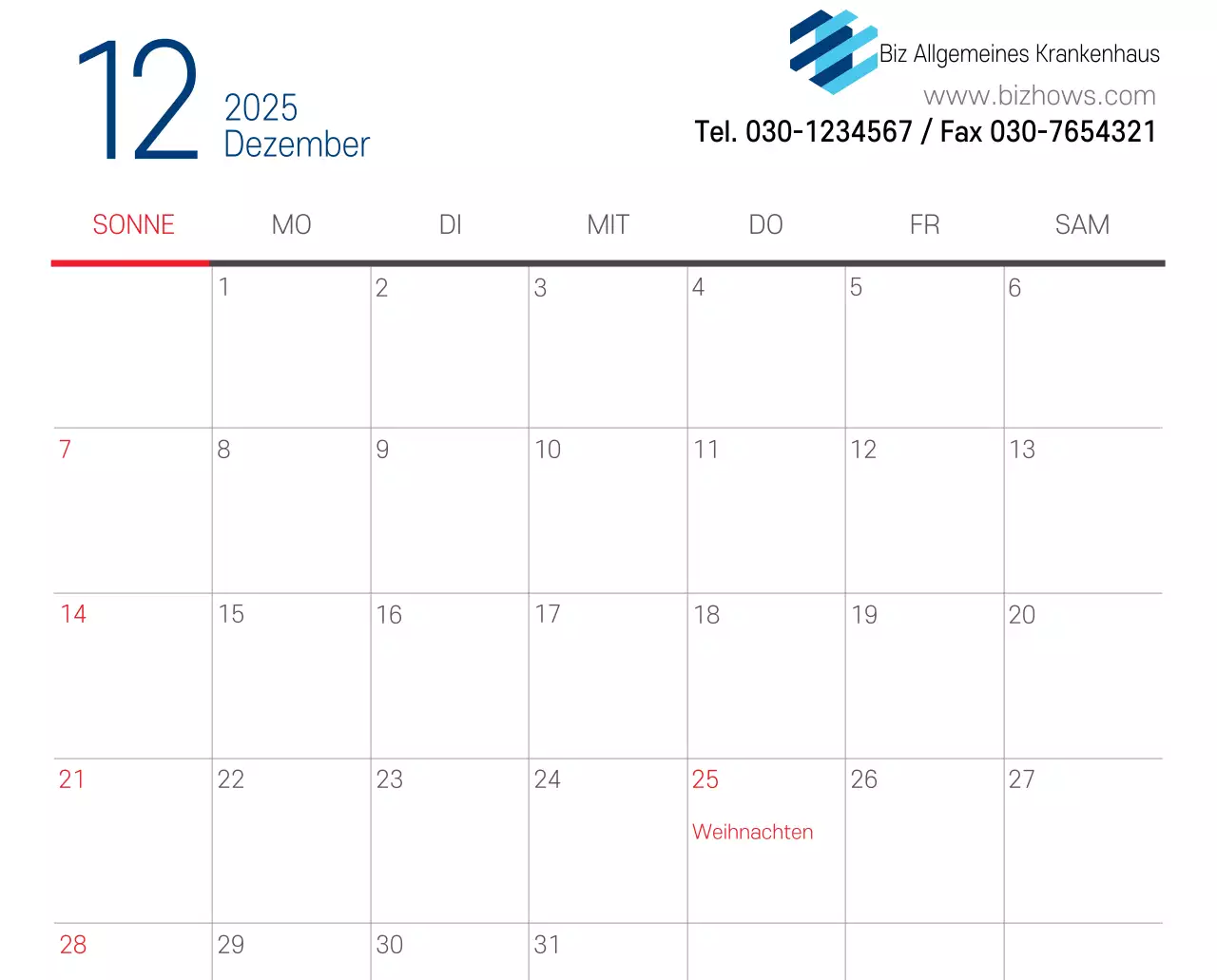 Marineblauer einfacher Krankenhaus-Werbekalender