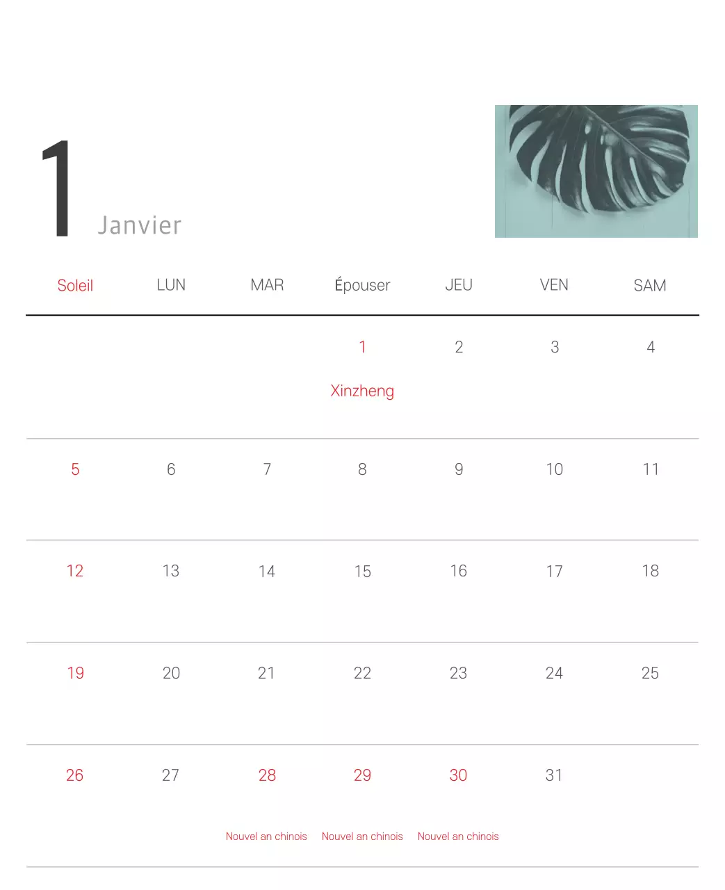 Calendrier botanique blanc et propre