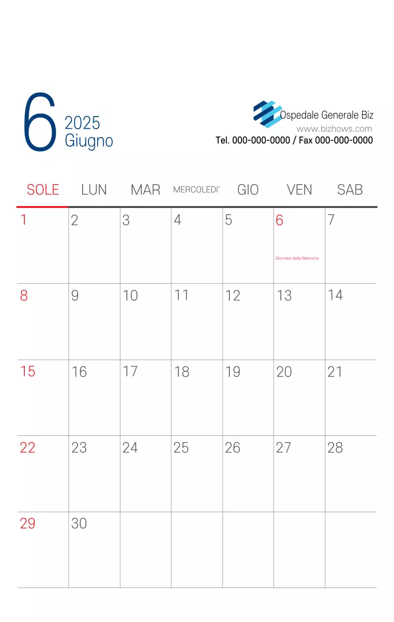 Calendario promozionale dell'ospedale semplice, bianco e blu