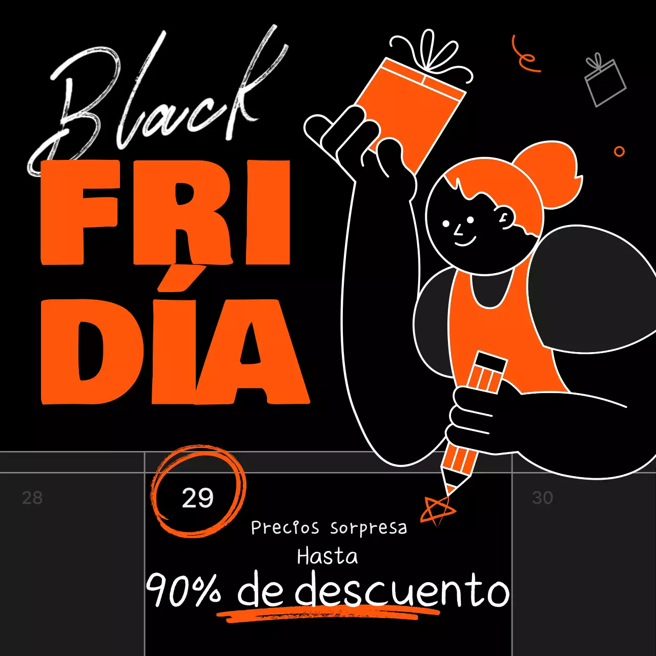 Promociona una venta kitsch de Black Friday en naranja y negro