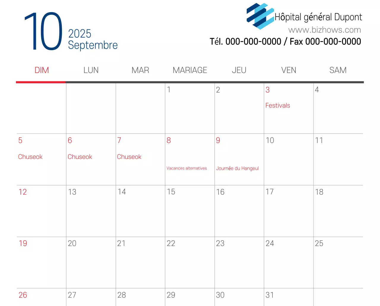 Calendrier promotionnel d'hôpital simple blanc marine