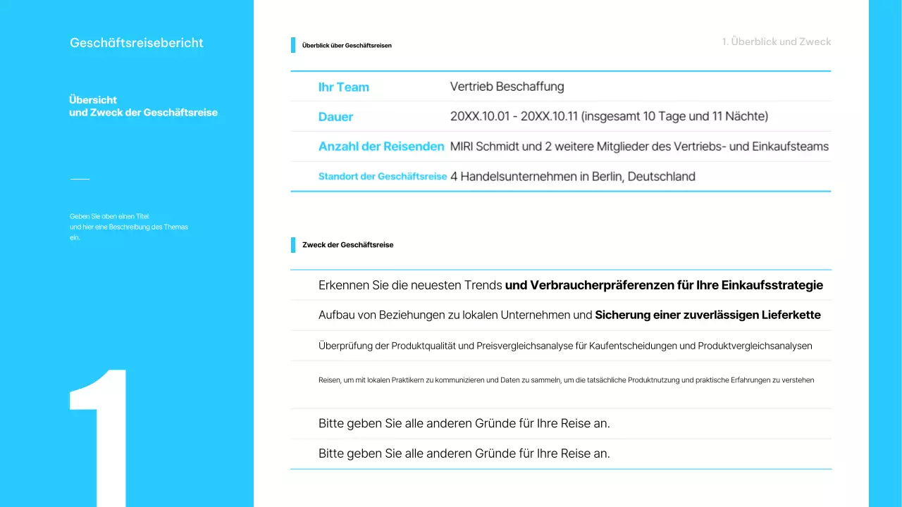 Hellblaue minimalistische Geschäftsreise Beschreibung