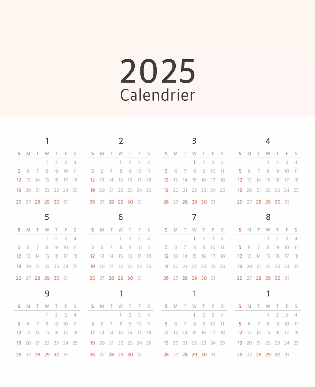Calendrier botanique blanc et propre