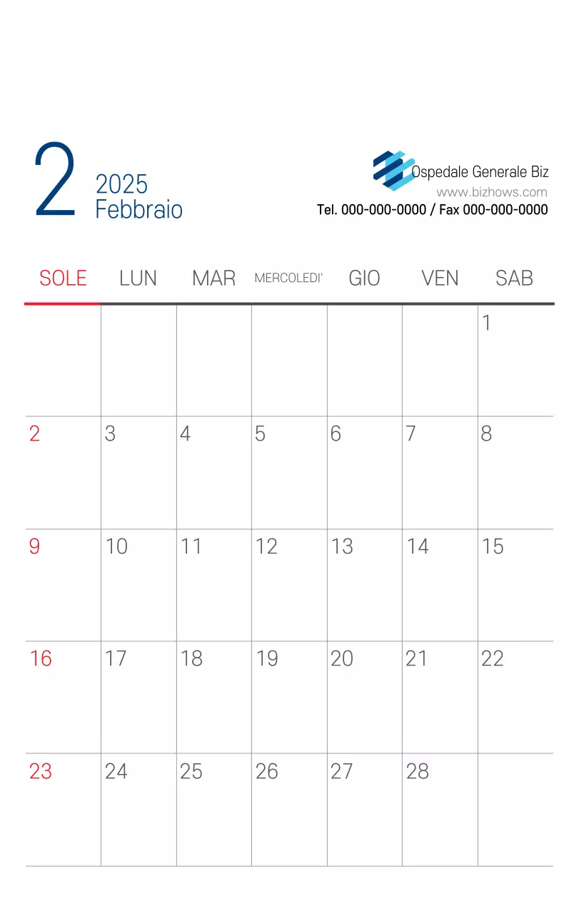 Calendario promozionale dell'ospedale semplice, bianco e blu