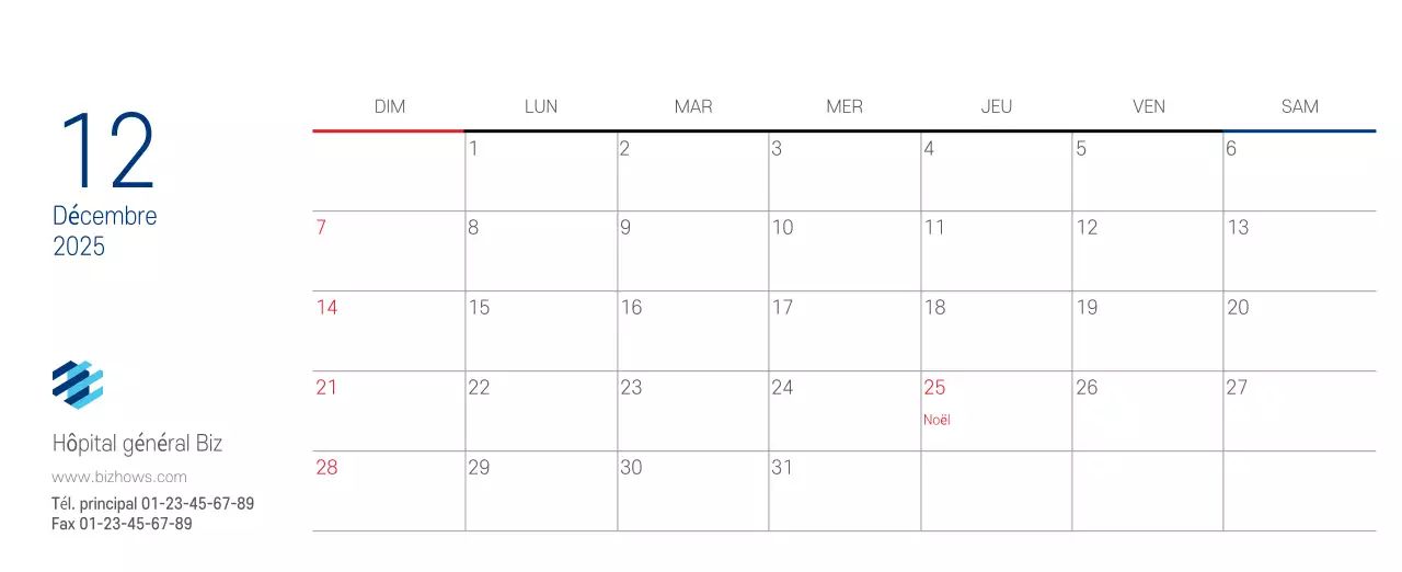 Calendrier promotionnel d'hôpital simple blanc marine