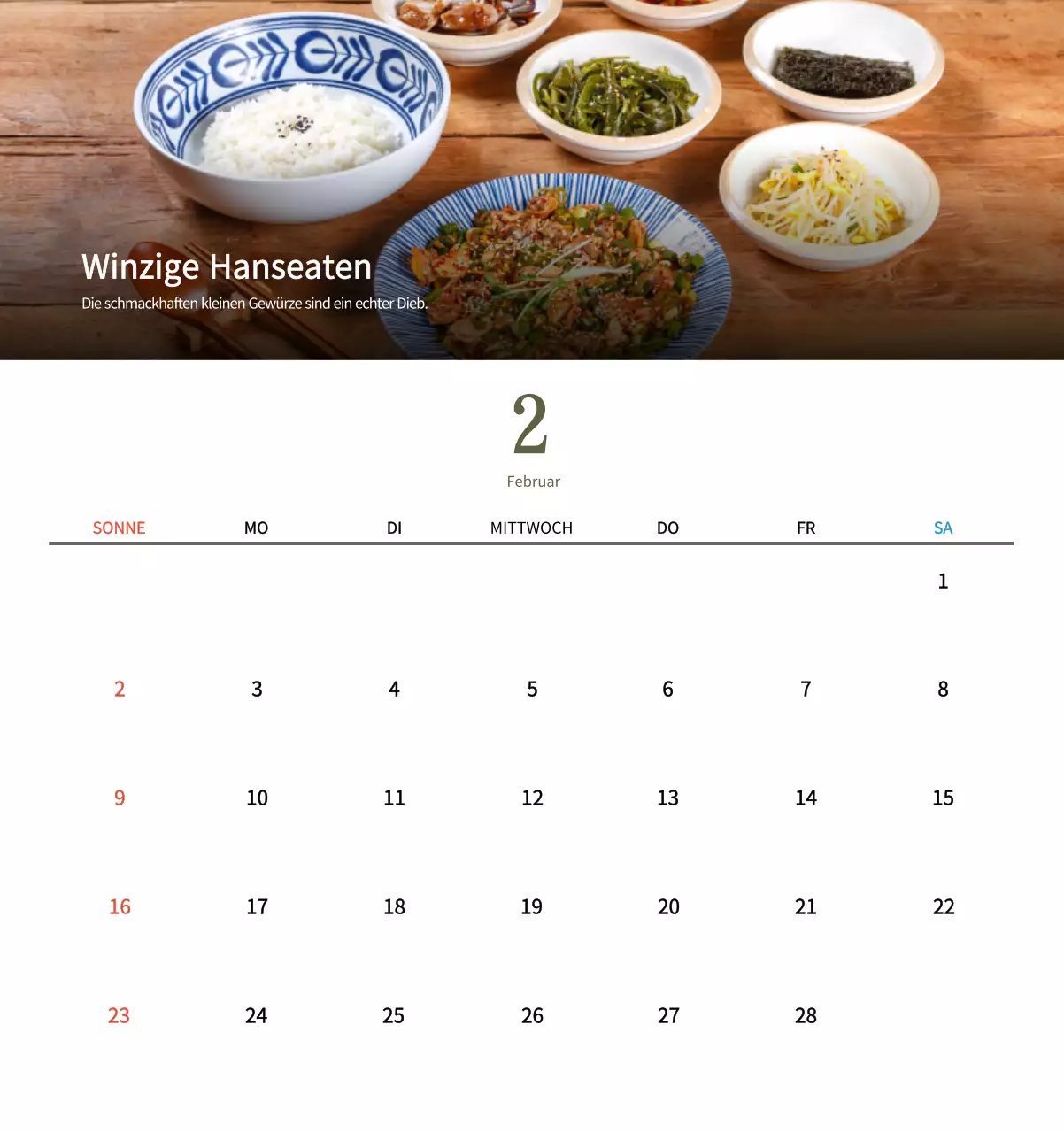 Beige Traditioneller Speisekalender