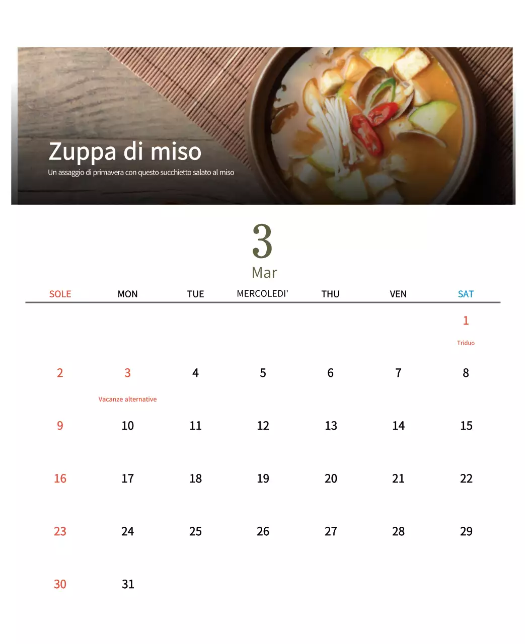 Calendario alimentare tradizionale beige