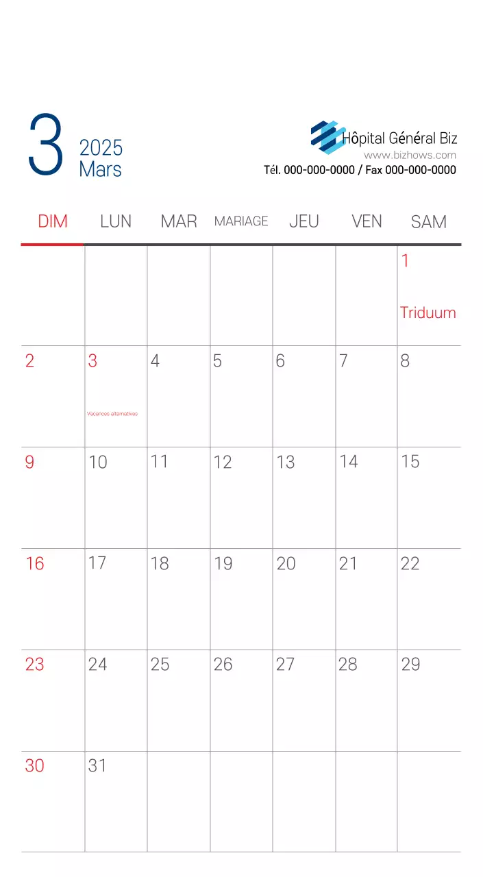 Calendrier promotionnel d'hôpital simple blanc marine