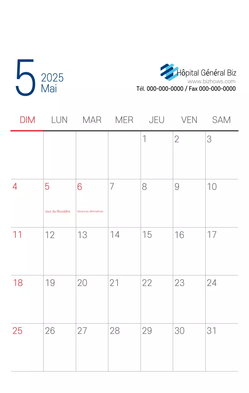 Calendrier promotionnel d'hôpital simple blanc marine