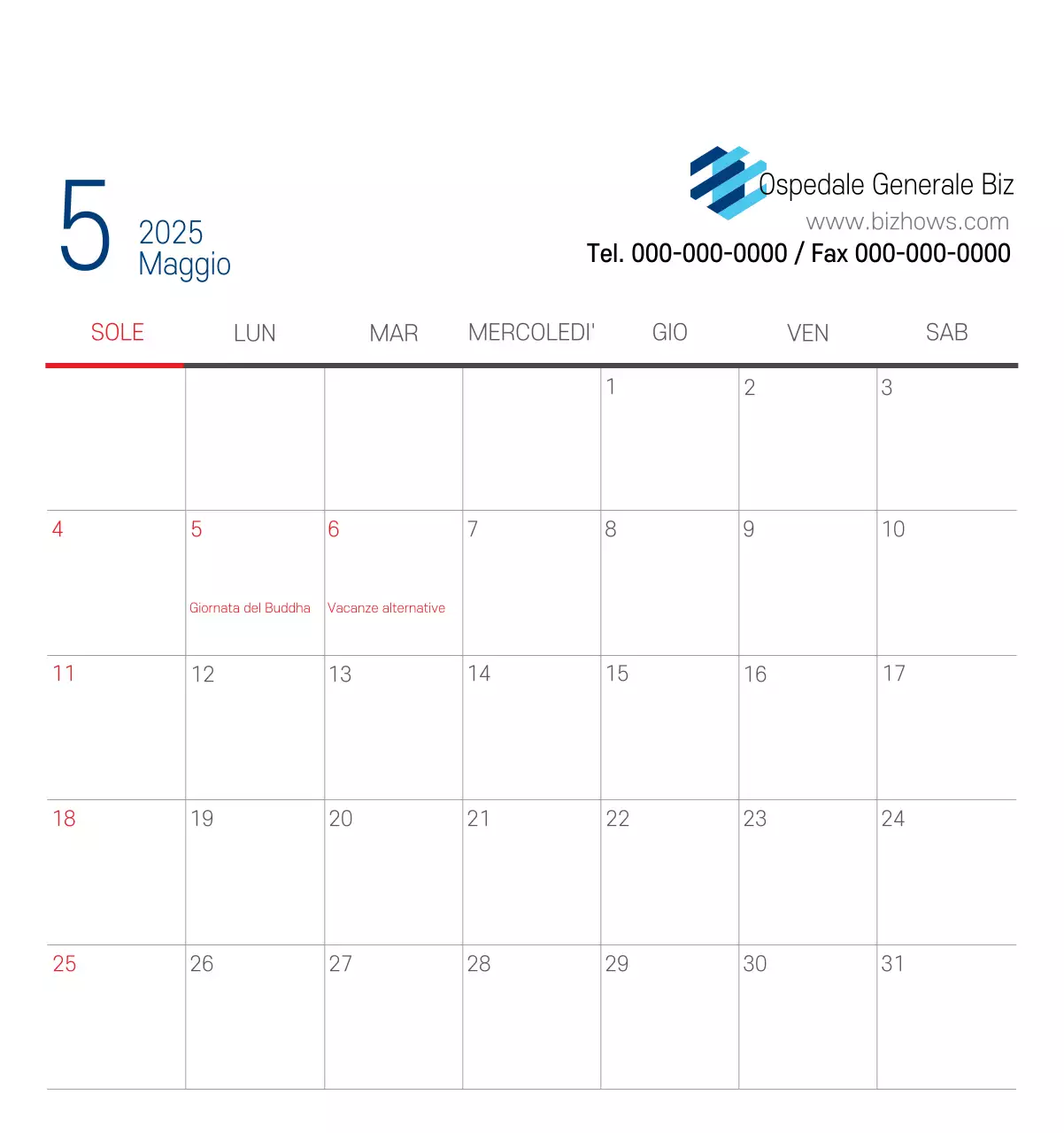 Calendario promozionale dell'ospedale semplice, bianco e blu